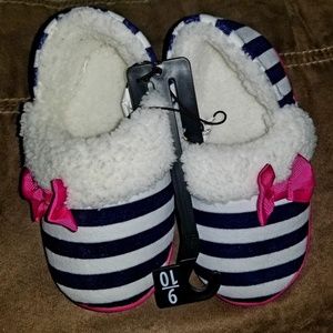 Girls Pink Bow And Navy Stripe Slippers New